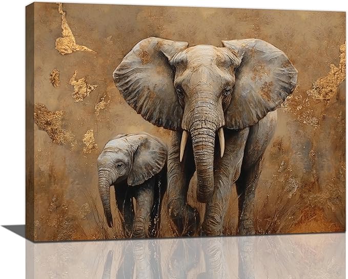 Elephant Wall Art African Animal Pictures Elephant Family Canvas Painting Decoration Artwork Framed Wall Decor Gifts for Women Girl Living Room Kids Bedroom 12"x16"