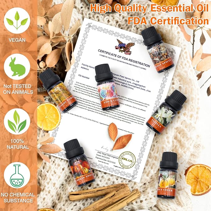 Fall Essential Oils Set for Home, Hotel and Car, Fragrance Oil Gifts Set for Oil Diffusers, with Pumpkin Spice, Harvest Spices and Vanilla, Autumn Essential Oil for Candle and Soap Making 6 Pack 10ML