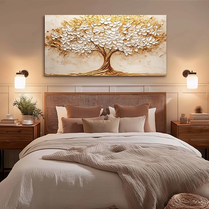 crmotu Tree of Life Wall Art, White Gold Tree Extra Large Canvas Paintings, Nature Landscape Abstract Art Prints, Modern Aesthetic Pictures Wall Decor Living Room Office Ready to Hang 30x60 Inch