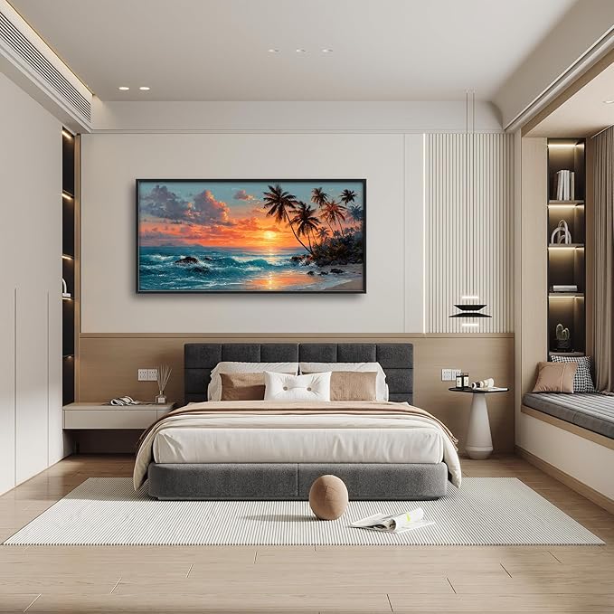 Glocmna Large Wall Art for Living Room Beach Sunset Ocean Waves Wall Decor Tropical Coastal Palm Trees Scenery Canvas Big Seascape Pictures Painting Print Framed Artwork Decorations Gifts for Bedroom Home Office Hotel 30"x60"