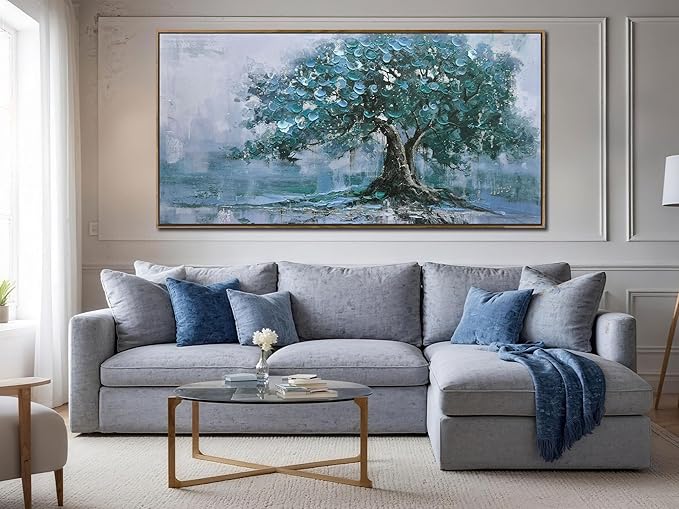 Ardemy Tree Canvas Wall Art for Living Room Teal Tree of Life Landscape Bedroom Picture Modern Nature Painting Blue Artwork Home Office Dining Room Kitchen Wall Decor, Large Wood Framed 48"x28"