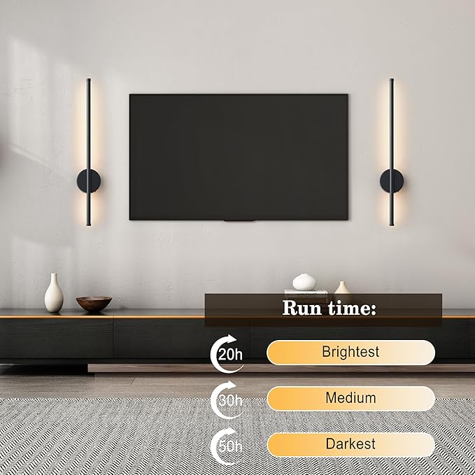 Battery Operated Modern Wall Sconces, Dimmable Wireless Wall Light Set of Two with Remote Control, 3 Color Temperatures, Rechargeable LED Wall Sconce for Bedroom, Living Room, Hallway, 27.6 Inch Black