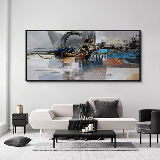 XLSJERST Large Abstract Frame Wall Art - Black and Blue Cnavas Framed Artwork for Walls Modern Minimalist Boho Gray Pictures Wall Decor for Living Room Bedroom Office Home Decoration 86x39 Inches