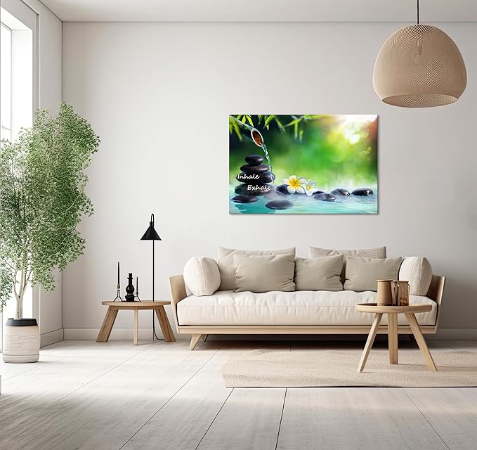 YIOZHAOFH Spa Canvas Print Art Nature Zen Painting Relaxing Bathroom Wall Art Decor White Lotus Pictures Framed Artwork Inhale Exhale Poster Office Decor for Spa Room Bedroom(16L x 24W)