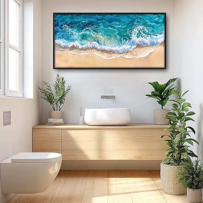 SweetFox Extra Large Watercolor Ocean Wave Framed Wall Art for Living Room, Coastal Beach Ocean Pictures Oversized Wall Decor Abstract Canvas Painting Print Artworks for Bathroom Bedroom 60L X 30W