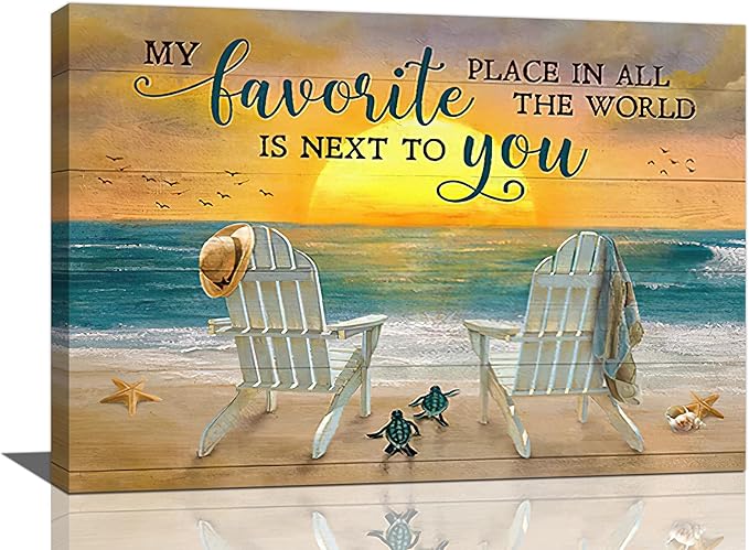 Fleruku Beach Wall Art Ocean Coastal Wall Decor Nautical Sunrise Sunset Sea Turtles Pictures Canvas Painting Artwork Home Decorations for Living Room Bedroom Bathroom Office 24"x16"