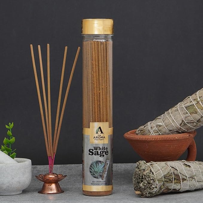 The Aroma Factory White Sage Agarbatti for Pooja, Luxury Incense Sticks, Low Smoke & Zero Charcoal, Premium & Fresh Fragrance for Home, Meditation, 100g X 1Bottle Pack