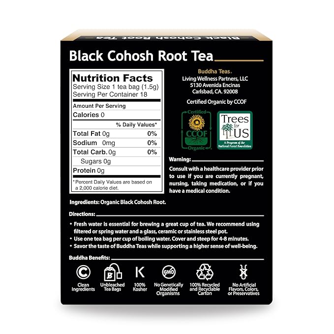 Buddha Teas - Organic Black Cohosh Root Tea - Herbal Tea - For Health & Wellbeing - Supports Women’s Health & Wellness - Clean Ingredients - Caffeine Free - OU Kosher - 18 Tea Bags (Pack of 1)