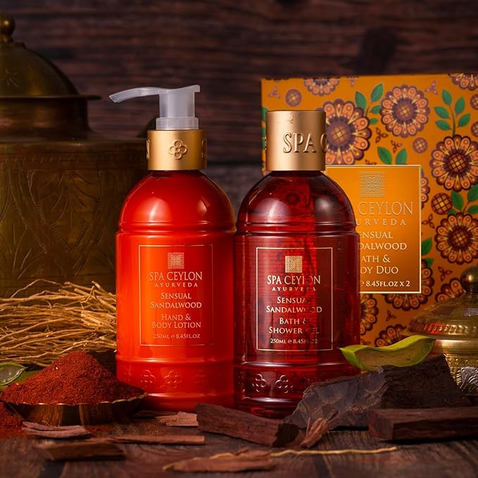 Spa Ceylon Sensual Sandalwood Bath & Body Duo Set | Luxury Sandalwood & Vetiver Body Wash & Lotion Set | Organic & Natural | 250ml x 2