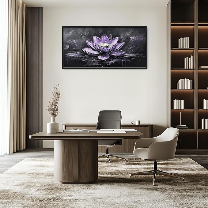 Kylora Lotus Wall Art Purple Lotus Flower Pictures Wall Decor Zen Meditation Large Master Over Above Bed Canvas Prints Horizontal Modern Artwork Painting Home Office Decorations For Bedroom 30"x60"