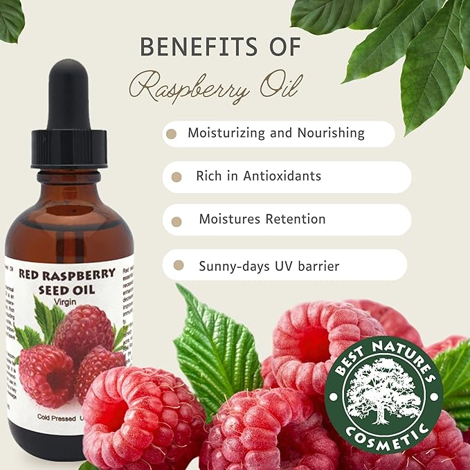 Best Nature's Cosmetics Red Raspberry Seed Oil – 100% Pure, Organic, Cold-Pressed – Natural Face & Hair Moisturizer – Rich in Vitamin E, Omega 3 – Anti-Aging Skincare – 1 fl oz / 30 ml