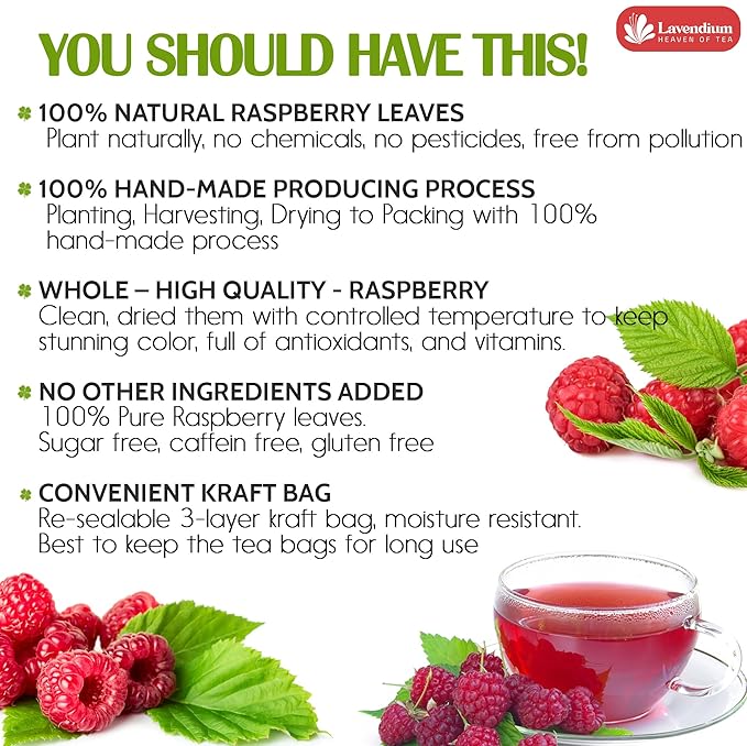 Lavendium Premium Raspberry Leaf Tea - 120 Tea Bags, 100% Natural & Pure Raspberry Leaves. Loose Leaf Herbal Tea. No Sugar, No Caffeine, No Gluten, Vegan