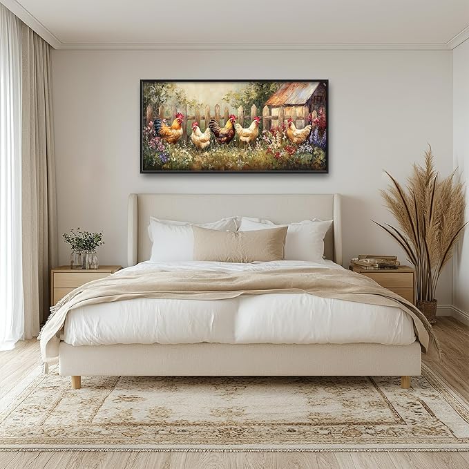 Farmhouse Roosters Wall Art Farm Chicken Pictures Wall Decor Country Rooster Large Master Over Above Bed Canvas Prints Horizontal Modern Artwork Painting Home Decorations For Kitchen Bedroom 30"x60"