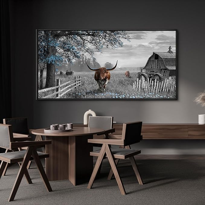 yiijeah Western Decor for Home - Large Pictures Wall Decor Living Room Modern Rustic Farmhouse Framed Wall Decor Prints Highland Cow boho Longhorn Decor Bedroom Canvas Artwork for Walls