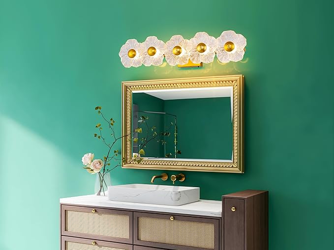 MantoLite Bathroom Light Fixtures Modern Vanity Light Over Mirror Adjustable 3000K-6000K Picture Lights Art Light with Floral Clear Glass Shades for Living Room Bedroom Wall Sconces (5 Light Gold)