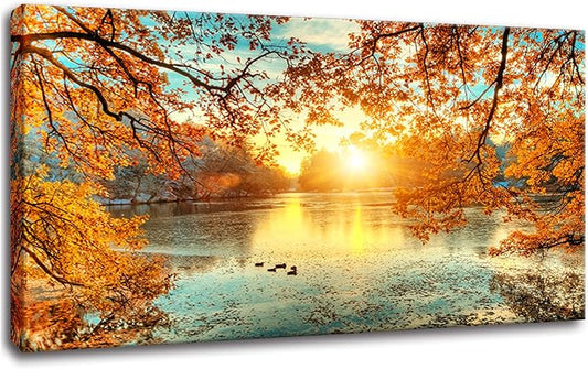 Yxbhhym-Landscape Tree Canvas Wall Art Fall Forest Sunset Wall Decor Poster Lake Water Pictures for bedroom wall decor Natural Scenery Paintings Artwork Large Living Room Decor Home Office Decoration
