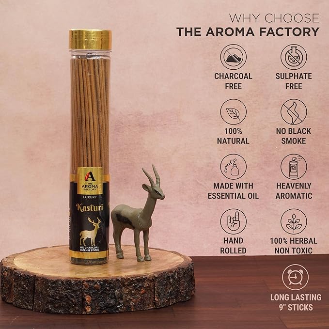 The Aroma Factory Kasturi Musk Agarbatti, Calmness of Musk Aroma with Low & Zero Charcoal (Bottle Pack of 1 100g)