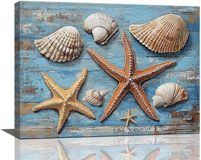 Olivine Seashell Wall Art, Coastal Starfish Pictures Wall Decor, Beach Theme Painting, Blue Seashell Canvas Prints, Framed Artwork for Bathroom Bedroom Living Room Office Home Decoration 16''x12''