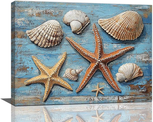 Olivine Seashell Wall Art, Coastal Starfish Pictures Wall Decor, Beach Theme Painting, Blue Seashell Canvas Prints, Framed Artwork for Bathroom Bedroom Living Room Office Home Decoration 16''x12''