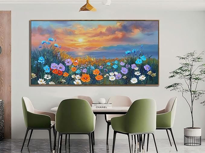 Ardemy Landscape Wall Art for Living Room Coastal Sunset Flower Canvas Bedroom Textured Floral Wildflower Blue Ocean Painting Nature Artwork Home Office Wall Decor, Wood Framed Extra Large 58"x29"