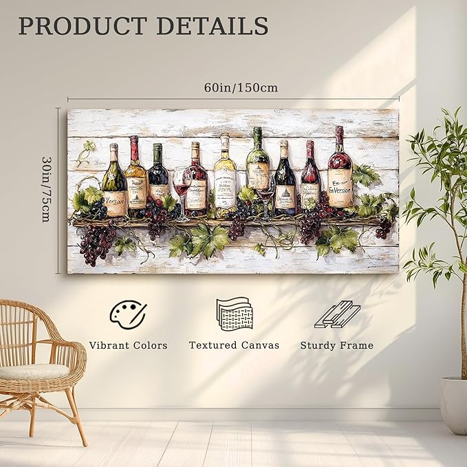 crmotu Still Life Kitchen Wall Art, Wine Bottle Extra Large Artwork, French Country Home Bar Decor Paintings, Modern Home Wall Decor Dining Room Wine Cellar Canvas Art Prints Ready to Hang 30x60inch