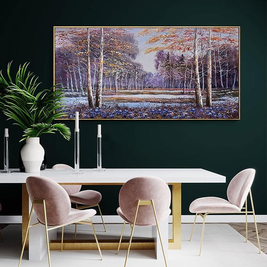 KLAKLA Landscape Wall Art - Blue and Orange Nature Scenery Tree Purple Wall Decor Living Room Bedroom Forest Pictures Framed Artwork for Wall Blue Flower Wall Art