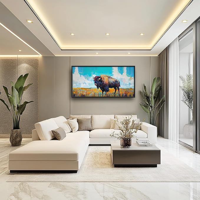 SweetFox Extra Large Colorful Western Bison Framed Wall Art for Living Room, Bison Pictures Oversized Wall Decor Abstract Big Canvas Painting Print Artworks for Bathroom Master Bedroom 60L X 30W