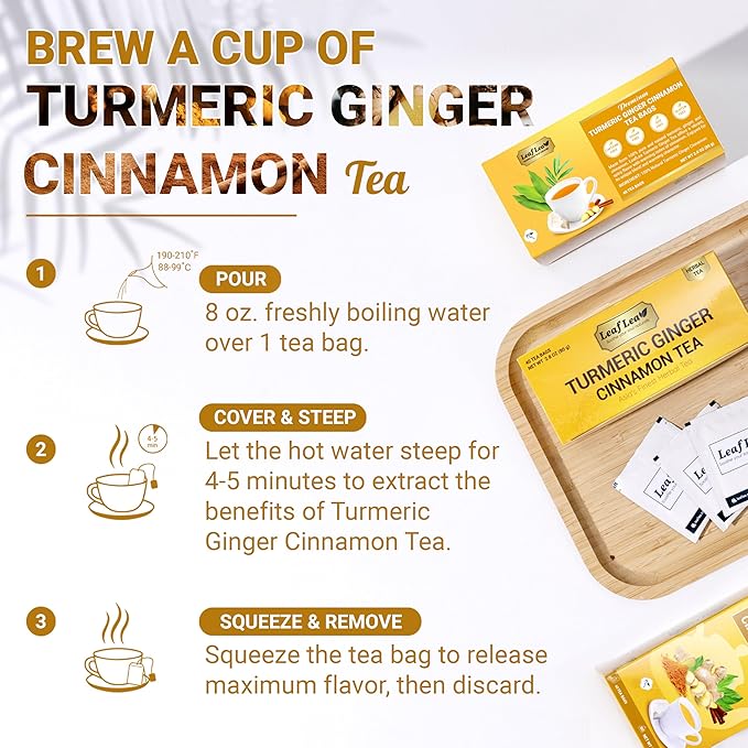 LeafLea Turmeric Tea with Ginger and Cinnamon, 80 Premium Turmeric Ginger Tea Bags, Supports Immune Health & Digestion, 100% Natural & Pure Blend Herbal Tea, Caffeine-Free, No Sugar, Vegan
