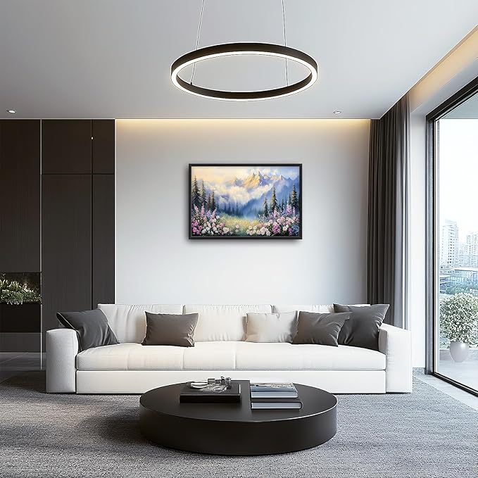 Framed Large Wall Art for Living Room, Forest Mountain Canvas Wall Decor, Flowers Tree Pictures Painting, Modern Landscape Artwork for Bedroom Office 36L'' × 24W''