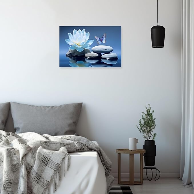 ARTZGX Blue Zen Wall Art Lotus Flower Canvas Spa Stone Pictures for Bathroom Wall Decor Meditation Butterfly Painting Frame(Zen - A 24.00" x 36.00")