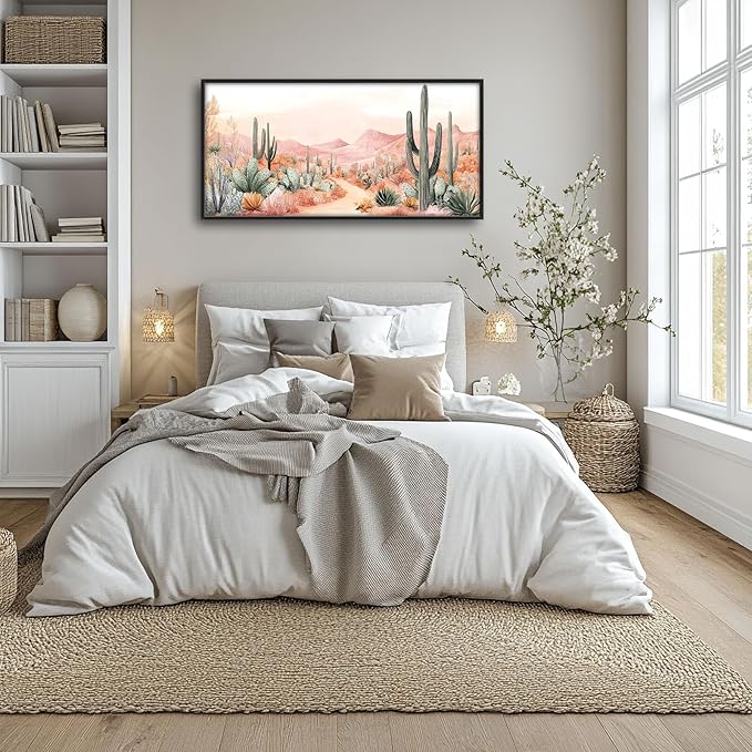 Cactus Large Wall Art Boho Tropical Cacti Pictures Wall Decor Desert Canvas Landscape Print Painting Modern Artwork Home Decoration for Living Room Bathroom Bedroom Office Framed 60"x30"