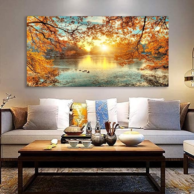 Yxbhhym-Landscape Tree Canvas Wall Art Fall Forest Sunset Wall Decor Poster Lake Water Pictures for bedroom wall decor Natural Scenery Paintings Artwork Modern Living Room Decor Home Office Decoration
