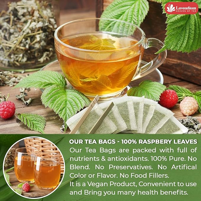 Lavendium Premium Raspberry Leaf Tea Bags - 60 Count, 100% Natural & Pure Leaves, Loose Herbal Tea, No Sugar, No Caffeine, No Gluten, Vegan