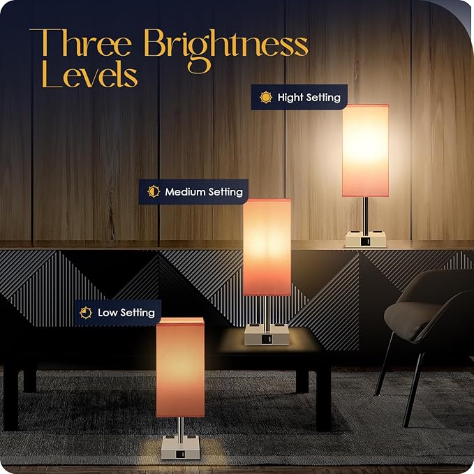 Bedside Lamp with USB Ports - Touch Control Table Lamp for Bedroom with USB C+A Charging Ports & AC Outlets, 3 Way Dimmable Nightstand Light with White Base for Living Room (LED Bulb Included, Pink)