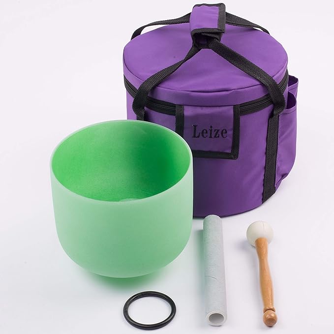 Leize Quartz Crystal Singing Bowl F Note 432 hz Heart Chakra Green 8" with Heavy Duty Carrying Case Suede Striker
