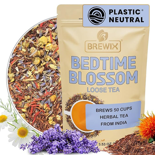 BREWIX, Bedtime Blossom Calming Tea For Sleep (50+ Cups) Herbal All Natural | Supports a Good Night’s Sleep | Night Time, Caffeine Free with Rooibos, Safflower, Chamomile and Lavender | Perfect for Bedtime | Relaxing Natural Nighty Night Sleeping Tea
