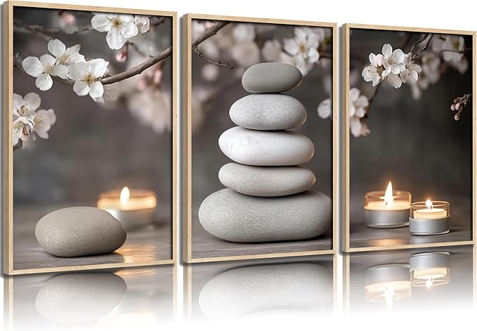 ZHJIOFXG Zen Flowers Wall Art, Zen Cherry blossoms Painting Picture Wall Decor, Stones Candlelight Poster Print, Calm Relaxation Meditation Artwork for Office Living Room Bedroom 12x16 in Unframed