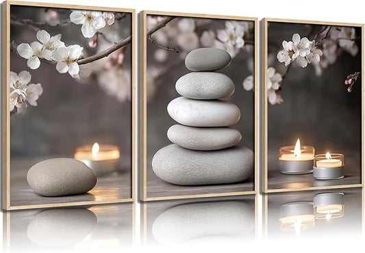 ZHJIOFXG Zen Flowers Wall Art, Zen Cherry blossoms Painting Picture Wall Decor, Stones Candlelight Poster Print, Calm Relaxation Meditation Artwork for Office Living Room Bedroom 12x16 in Unframed