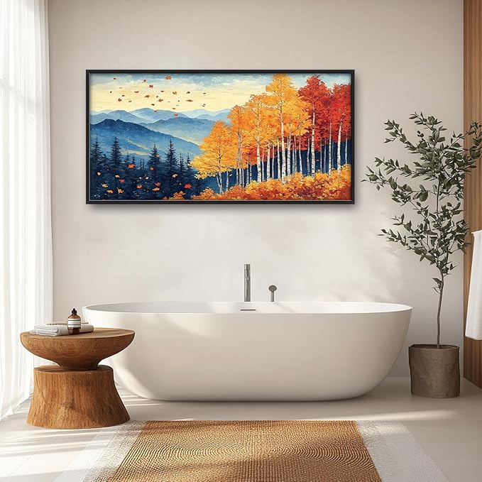 Fall Maple Leaf Large Wall Art Autumn Leaves Pictures Wall Decor Mountain Canvas Landscape Painting Modern Artwork Home Decoration for Living Room Bathroom Bedroom Office Framed 60"x30"