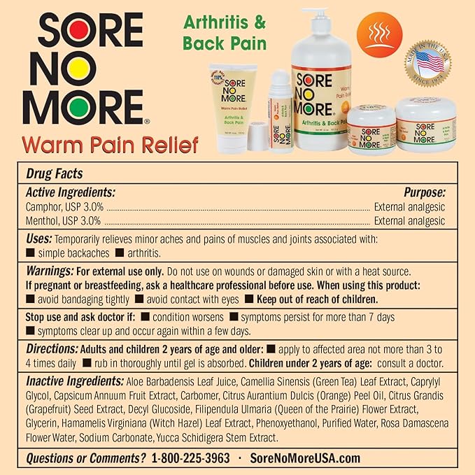 Sore No More Warm Arthritis Pain Relief Cream – Targeted Reliever for Back, Neck, Hands & Feet – Soothing & Fast-Acting Formula for Aches and Pains – Non-Greasy with Orange Aroma – 8 oz