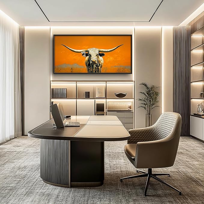 SweetFox Extra Large Western Longhorn Steer Framed Wall Art for Living Room, Farmhouse Cow Pictures Oversized Wall Decor Abstract Canvas Painting Print Artworks for Bathroom Master Bedroom 60L X 30W