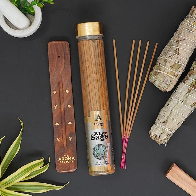The Aroma Factory White Sage Agarbatti for Pooja, Luxury Incense Sticks, Low Smoke & Zero Charcoal, Premium & Fresh Fragrance for Home, Meditation, 100g X 1Bottle Pack
