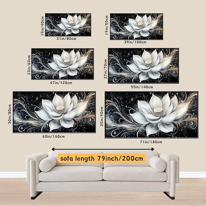 Glethua White Lotus Flower Canvas Wall Decor, Lotus Flower Picture Print, Modern Zen Wall Art, Modern Vintage Floral Painting Artwork for Yoga Spa Meditation Spiritual Living Room Bedroom Home Decor (Black Framed, 39 x 19 in | 100 x 50cm)