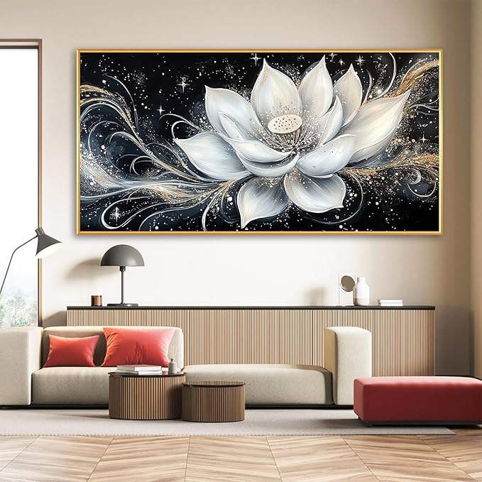 Glethua White Lotus Flower Canvas Wall Decor, Lotus Flower Picture Print, Modern Zen Wall Art, Modern Vintage Floral Painting Artwork for Yoga Spa Meditation Spiritual Living Room Bedroom Home Decor (Gold Framed, 55 x 27 in | 140 x 70cm)