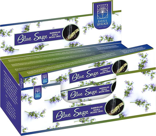 SOUL STICKS Hand-Rolled Incense Sticks Mystic Spirit Blends 180 Gram 12 Pack Box | 100% Natural Masala Incense Organic Home Fragrance Agarbatti (Blue Sage)
