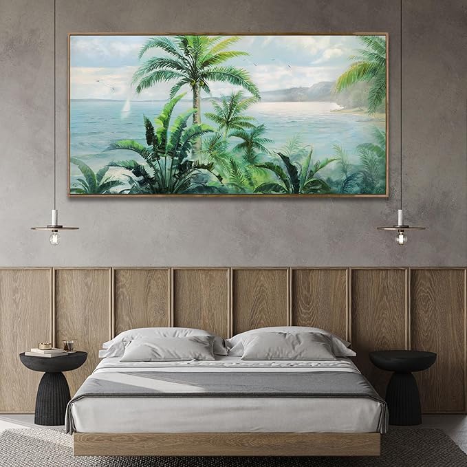 Anolyfi Palm Tree Picture Green Tropical Wall Art for Living Room Landscape Large Canvas Painting Nature Seascape Textured Artwork for Bedroom Kitchen Hallway Office Home Decor, Wood Framed 58"x29"