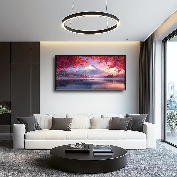 Japanese Mountain Lake Large Wall Art Pink Japan Pictures Wall Decor Nature Landscape Big Canvas Painting Prints Framed Artwork Home Decorations Above Bed for Bedroom Living Room Dining Room 60"x30"