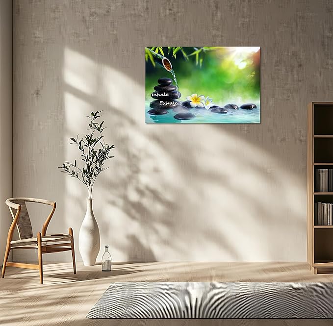 YIOZHAOFH Spa Canvas Print Art Nature Zen Painting Relaxing Bathroom Wall Art Decor White Lotus Pictures Framed Artwork Inhale Exhale Poster Office Decor for Spa Room Bedroom (24L x 36W)
