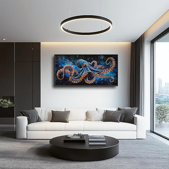 Octopus Wall Art Blue Space Octopus Pictures Wall Decor Galaxy Canvas Prints Framed Artwork Paintings Coastal Home Office Decorations for Living Room Bedroom Dinning Room 60"x30"