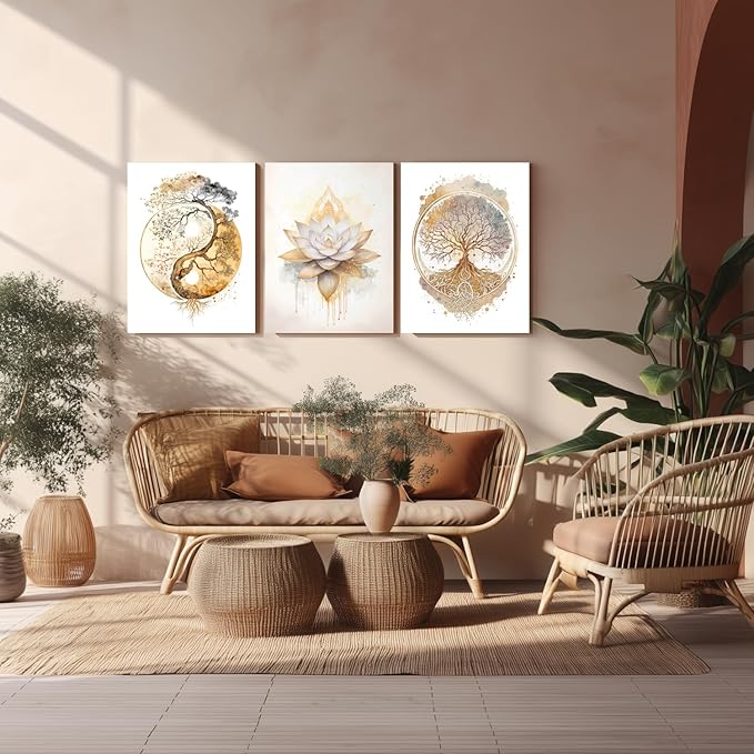 GELDSTEI Tree of Life Wall Art, Calming Zen Wall Decor, Abstract Yin Yang Tree Canvas Painting, Modern Gold Lotus Flower Meditation Poster Print for Living Room Yoga Room Bedroom Framed 12"x16"x3